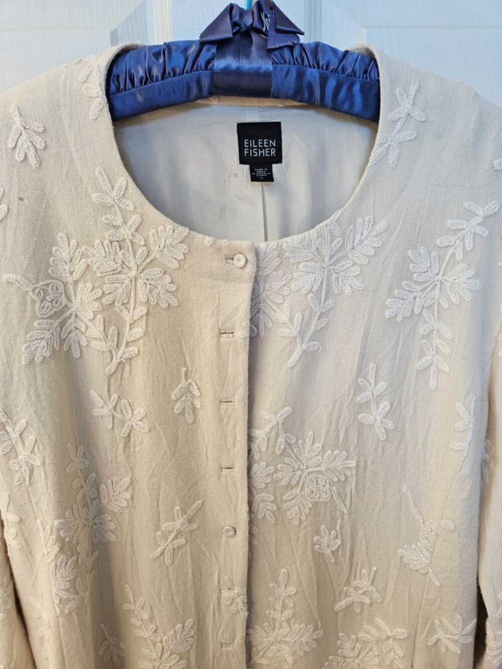 Eileen Fisher Long Line L Jacket with Extensive Floral Embroidery